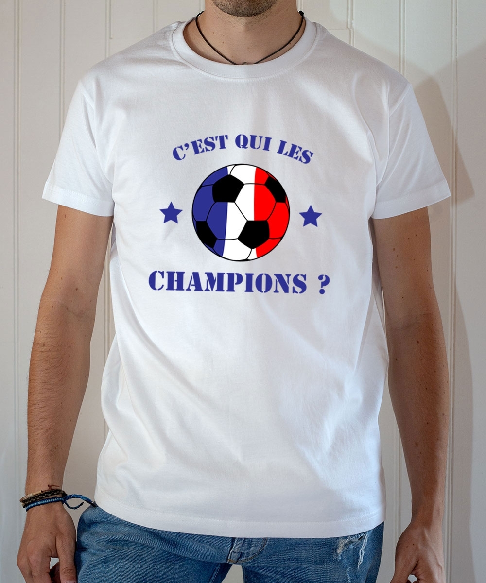 T-shirt C'est qui les champions du monde 2018 France ballon bleu blanc rouge - Tee-shirt Homme blanc