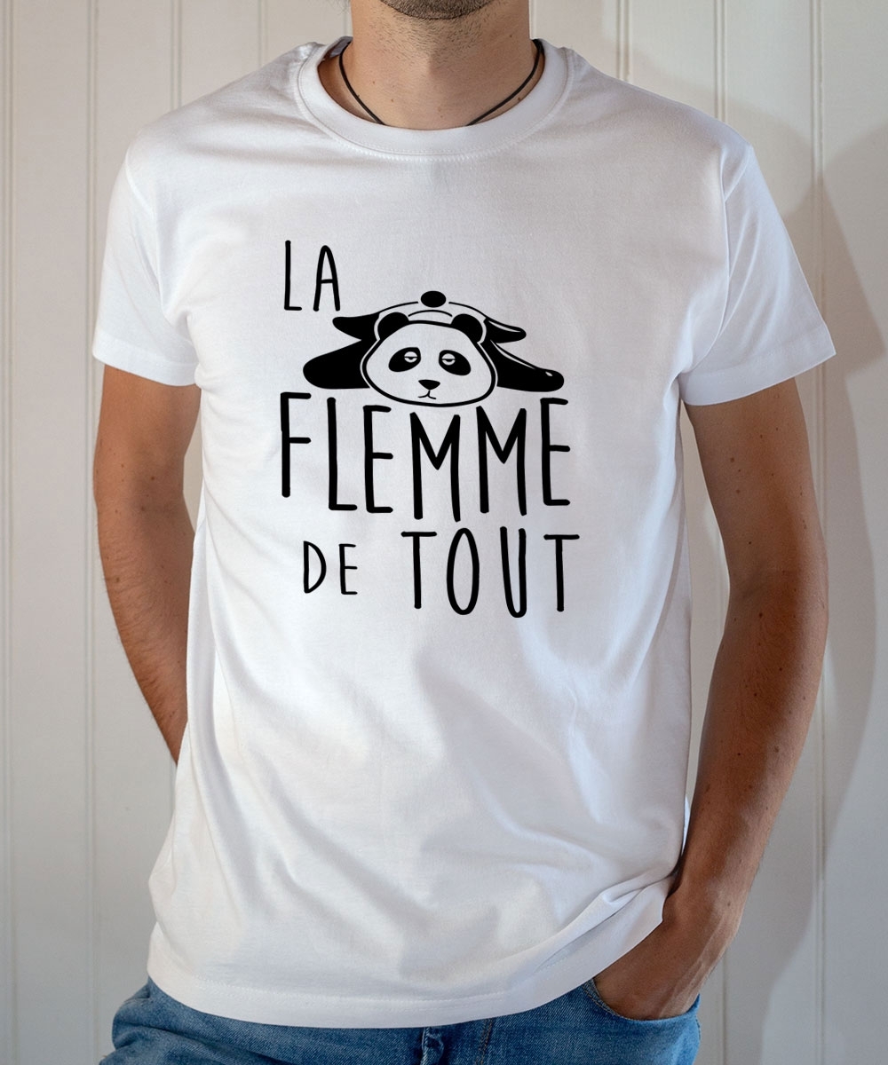 T-shirt Humour : La flemme de tout (avec Panda fatigué et allongé) - Tee-shirt blanc homme