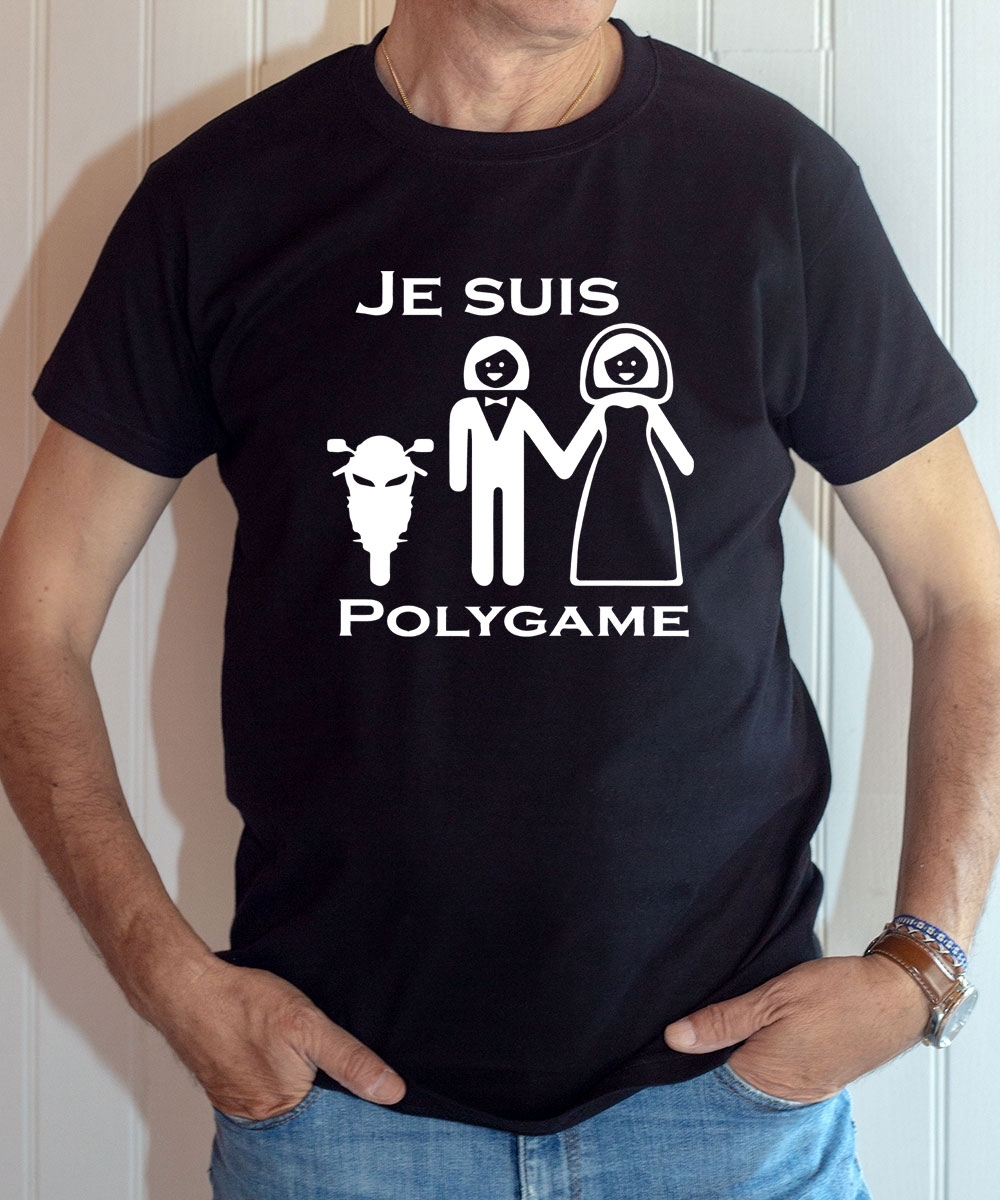 T-shirt Humour : Je suis Polygame avec moto et femme - Tee-shirt noir homme