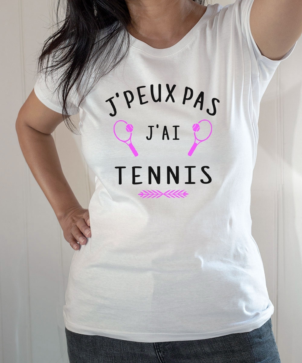 T-shirt Humour : J'peux pas j'ai tennis, raquettes - Tee-shirt blanc femme